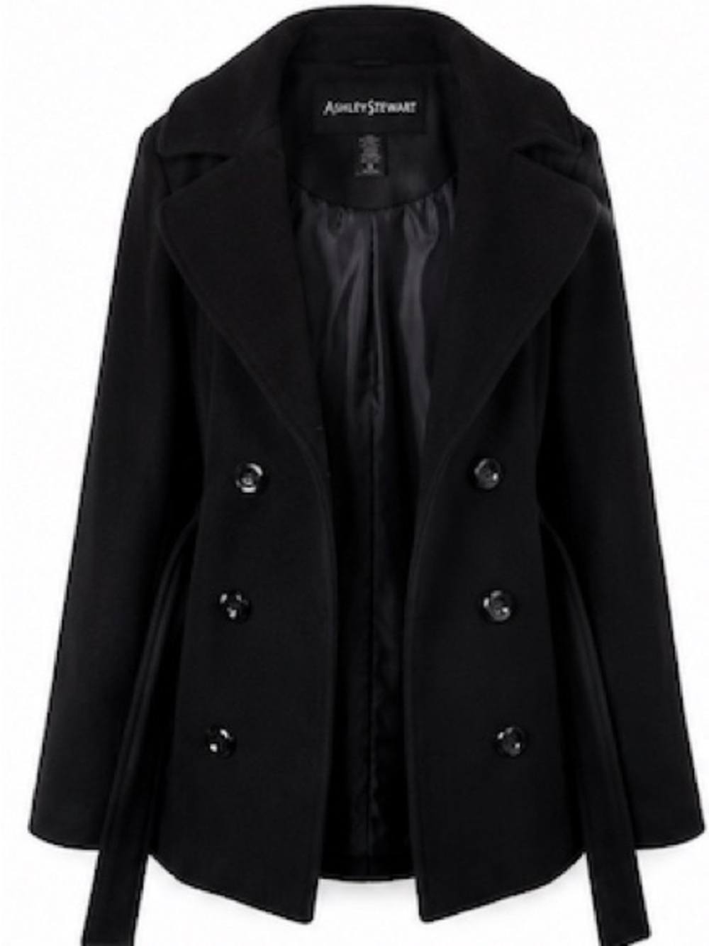 Ashley Stewart Black Double-Breasted Pea Coat with Belted Waist